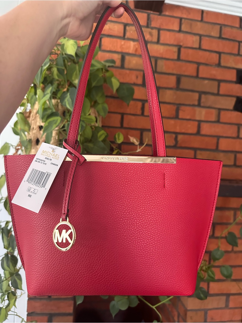 Michael Kors Bright Red Pebbled Leather Tote with Gold MK Charm